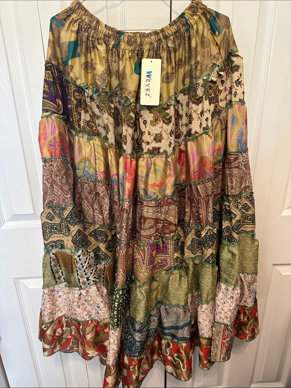 23. Bohemian Tiered Multicolored Patchwork Maxi Skirt With Pockets - Picture 3 of 3